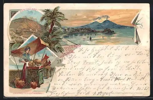 Lithographie Napoli, Funicolare, in der Bucht mit Blick auf den Vesuv, Venditrice D`Acque Minerali