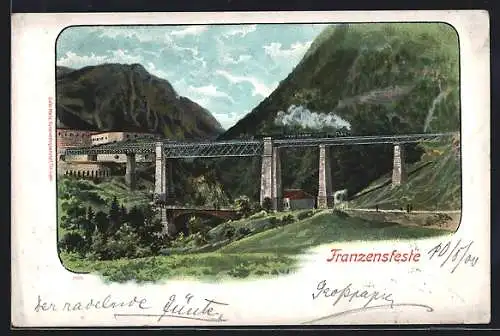 Lithographie Franzensfeste, Partie an der Eisenbahnbrücke