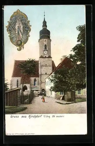 AK Kirchdorf am Inn, Blick zur Kirche mit Marienbildnis