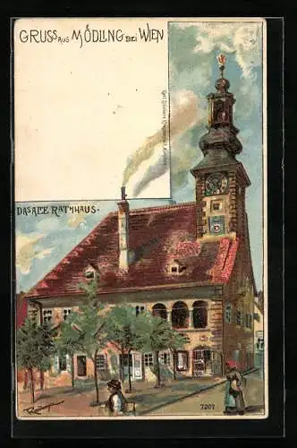 Lithographie Mödling, Blick auf das alte Rathaus