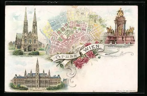Lithographie Wien, Votivkirche, Rathhaus, Stadtplan der Umgebung