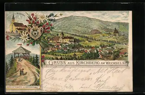 Lithographie Kirchberg a. Wechsel, St. Corona und Aussichtswarte auf dem Wolfenkogel