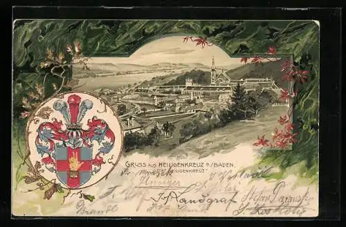 Lithographie Heiligenkreuz b. Baden, Stift Heiligenkreuz, Passepartout mit Wappen