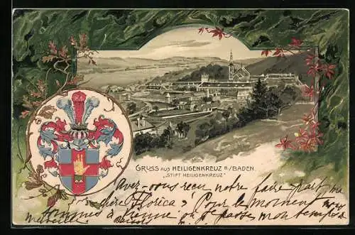 Lithographie Heiligenkreuz b. Baden, Stift Heiligenkreuz, Passepartout mit Wappen