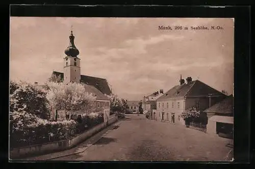 AK Mank /N.-Ö., Strassenpartie mit blühenden Bäumen