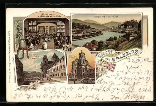 Lithographie Salzburg, Collegiumsplatz, Collegienkirche und Nürnberger Wurstküche