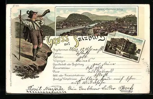 Lithographie Salzburg, Blick vom Elektrischen Aufzug und Hotel de l`Europe