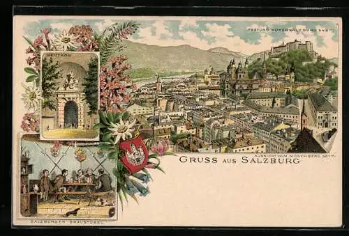 Lithographie Salzburg, Neuthor, Bräustübel und Festung Hohensalzburg