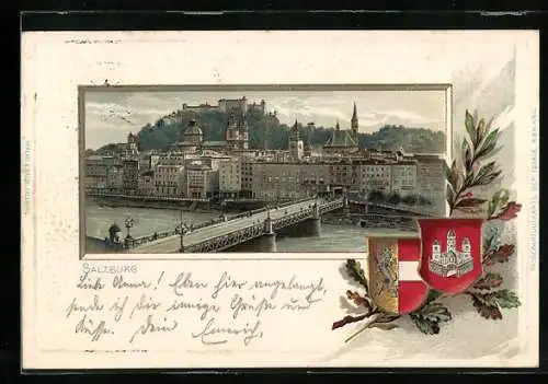 Lithographie Salzburg, Flusspartie mit Brücke und Wappen