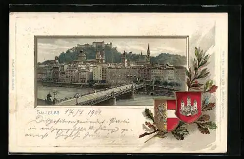 Lithographie Salzburg, Wappen und Flusspartie mit Brücke
