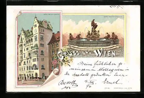 Lithographie Wien, Hotel Meissl Schadn und Rafael Donner Brunnen