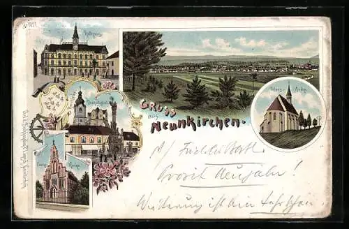 Lithographie Neunkirchen, Rathaus, Pfarrkirche und Peters-Kirche