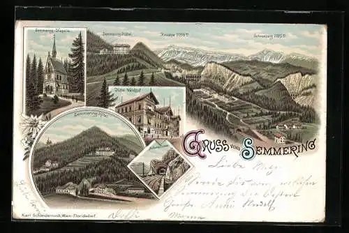 Lithographie Semmering, Kapelle, Hotel Waldhof und Schneeberg