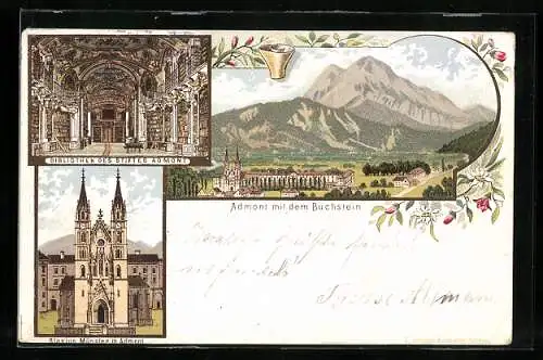 Lithographie Admont, Stiftsbibliothek, Blasius Münster und Buchstein