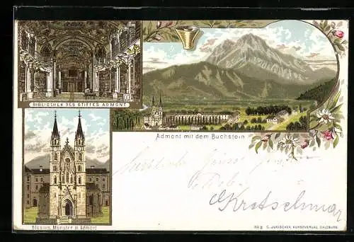 Lithographie Admont, Blasius Münster, Stiftsbibliothek und Buchstein