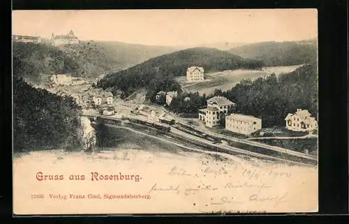 AK Rosenburg, Ortsansicht mit Güterzug aus der Vogelschau