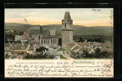 AK Perchtoldsdorf /N.-Oe., Panorama mit Pfarrkirche und Türkenthurm