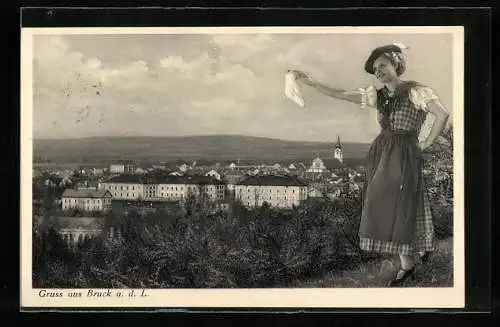 AK Bruck a. d. L., Ortsansicht, junge Frau grüsst mit weissem Tuch