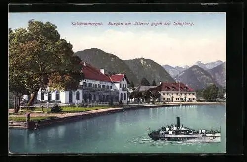AK St. Gilgen, Burgau am Attersee, Hotel Burgau und Dampfer