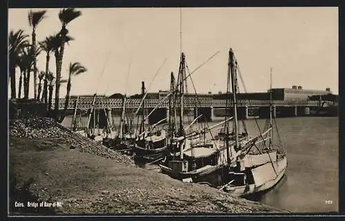 AK Cairo, Bridge of Kasr-el-Nil, Nilbrücke, anliegende Segelboote