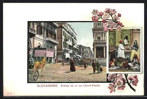 AK Alexandrie, Entrée de la rue Cherif-Pacha, Männer und Frauen in Trachten