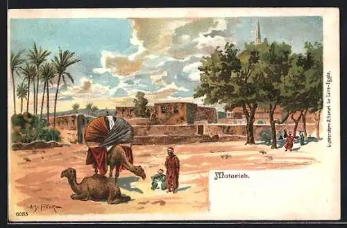 Lithographie Matarieh, Kamele bei der Rast vor dem Ort