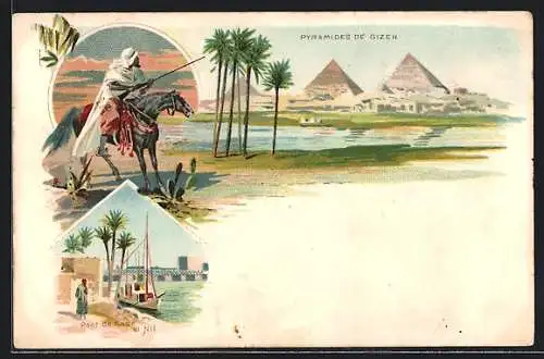 Lithographie Kairo, Pyramiden von Gizeh, Pont de Kasr