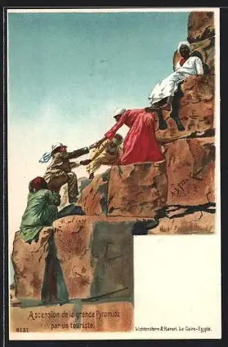 Künstler-Lithographie sign. Franke: Ascension de la grande Pyramide..., Touristen besteigen Pyramide