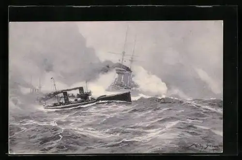 Künstler-AK Willy Stoewer: Torpedobootsangriff auf stürmischer See