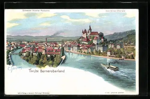 Künstler-Lithographie C. Steinmann: Thun, Gesamtansicht der Stadt, Dampfer