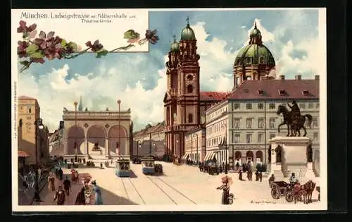 Künstler-Lithographie Theodor Guggenberger: München, Ludwigstrasse mit Feldherrenhalle, Theatinerkirche und Strassenbahn