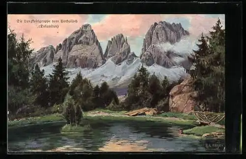 Künstler-AK Rudolf Alfred Höger: Langkofelgruppe vom Pordoijoch gesehen