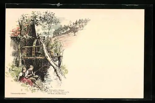 Künstler-AK W. Hasemann, Kinder aus dem Schwarzwald angeln bei einer Wassermühle