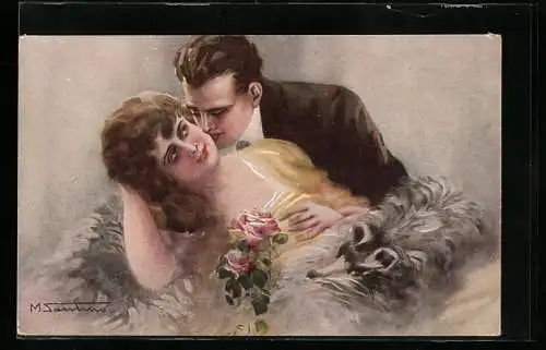 Künstler-AK M. Santino: Mann küsst Frau, Pelzstola