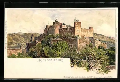 Künstler-Lithographie Otto Strützel: Salzburg, Festung Hohensalzburg, Gesamtansicht