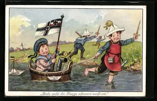 Künstler-AK Rudolf Schneider: Stolz weht die Flagge schwarz-weiss-rot, Kinder speilen Krieg