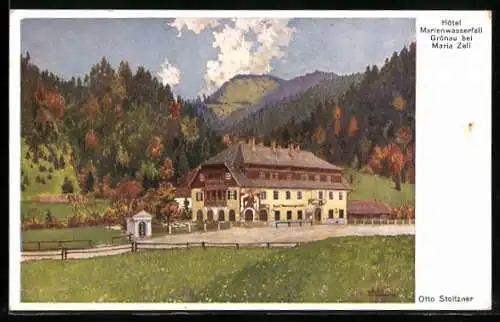 Künstler-AK Otto Stoitzner: Mariazell, Grünau, Hotel Marienwasserfall