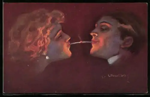 Künstler-AK Luis Usabal: Dandy entzündet Zigarette junger Dame