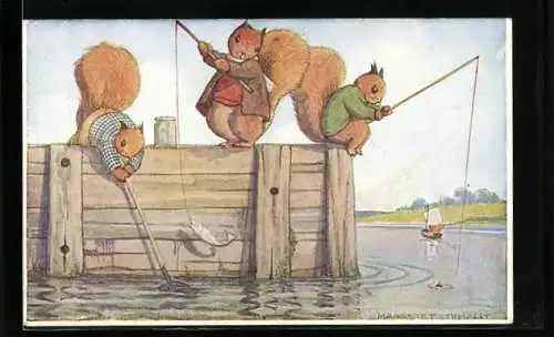 Künstler-AK Margaret Tempest: Fishing, Eichhörnchen beim Angeln