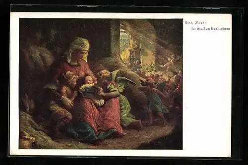 Künstler-AK Thomas Riss: Im Stall zu Betlehem, Frau mit Kleinkind auf dem Schoss und kleine Engel in den Armen