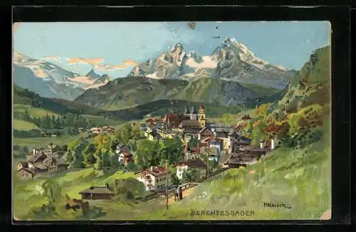 Künstler-AK Karl Heinisch: Berchtesgaden, Totale mit Gebirgswand