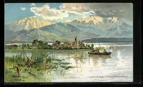 Künstler-AK Karl Heinisch: Chiemsee, Blick zur Frauen-Insel mit Ruderboot