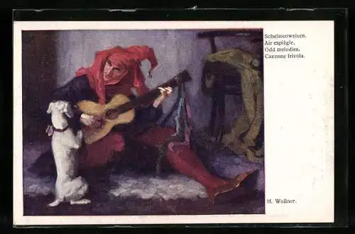 Künstler-AK Hedwig Wollner: Schelmweisen, Narr mit Gitarre und Hund