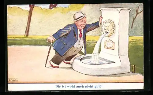 AK Betrunkener spricht mit Wasserstrahl-Brunnenfigur