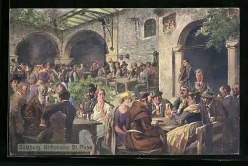 Künstler-AK Salzburg, Stifstkeller St. Peter, in der Gaststube