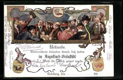Künstler-AK Hubert von Zwickle: Trinkende im Augustiner-Bräustübl