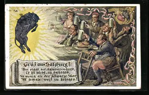 Künstler-AK Hubert von Zwickle: Salzburg, Schwarzer Stier, Männer mit Bierkrügen am Tisch