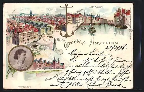 Lithographie Amsterdam, Königin Wilhelmina von den Niederlanden, Centraal Station, Het Rokin, Bahnhof, Segelboot