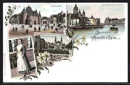 Lithographie Amsterdam, Nieuwmarkt, Schreijerstoren, Centraal-Station, Moses- & Aarons-Kerk, Meisje uit Friesland