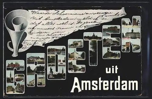 AK Amsterdam, Dampfer vor dem Ort, Denkmal, Kirche